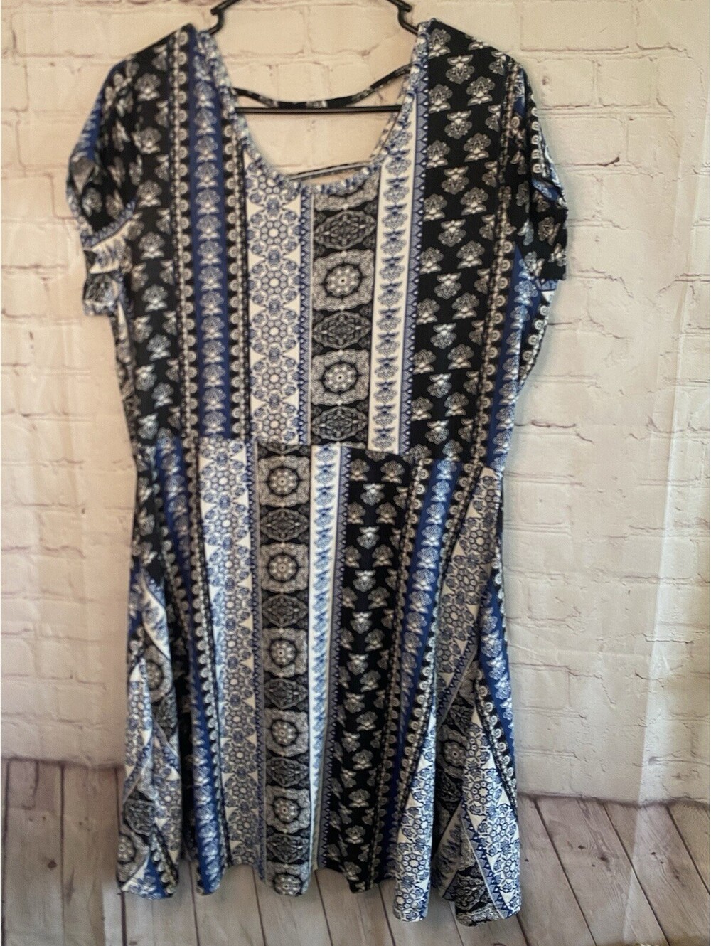 Large Bobbie Brooks Geometric Print Blue White Stripe Paisley Skater Dress